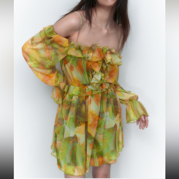 NWT Zara Printed Tulle Dress Green & Yellow - Picture 7 of 11